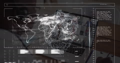 Digital Brain with World Map Overlay and Data Analysis Visualization