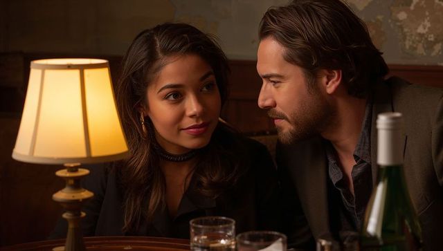Intimate restaurant couple leaning in for conversation under warm lamp glow with wine