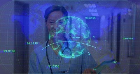 Nurse Analyzing Holographic Globe in Futuristic Medical Setting