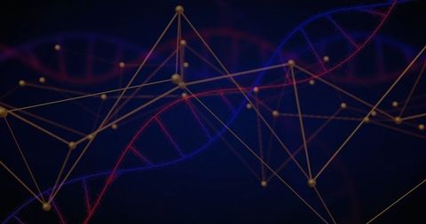 Futuristic DNA Helix with Golden Node Network in Digital Space