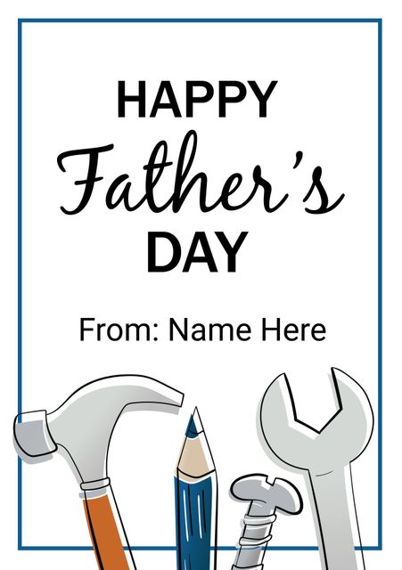 This Father's Day card template features a hand-drawn design with various tools including a hammer, pencil, and wrench. Ideal for creating personalized greeting cards or DIY invitations. Customizable text allows users to add their own name for a personal touch. Perfect for celebrating Father's Day and expressing gratitude to dads who love working with tools.