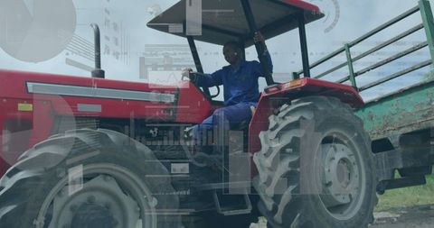 Farmer operating red tractor on rustic path with technology overlay