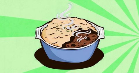 Baking dish with homemade pot pie on green burst background
