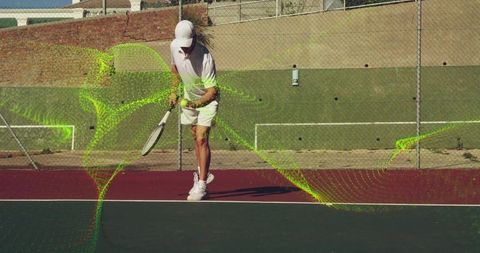 Middle-Aged Tennis Player Swinging Racket with Dynamic Green Overlay