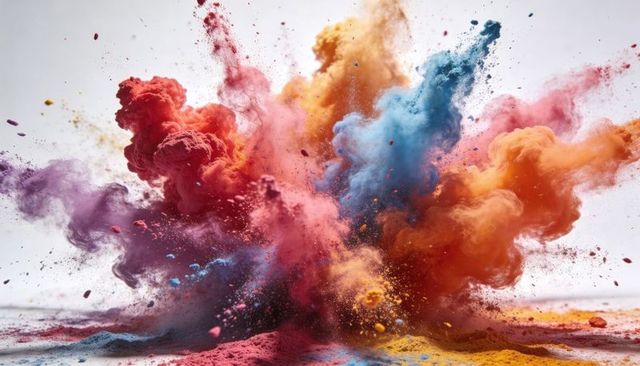 Exploding Multicolor Powder Clouds Bursting into Vibrant Pigment Dust and Motion