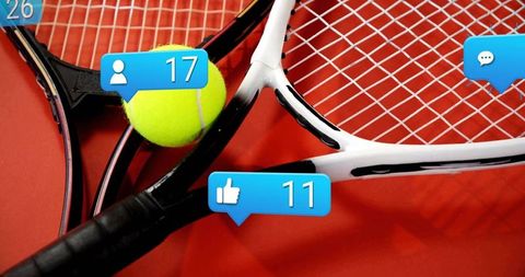 Tennis rackets and social media likes on red background