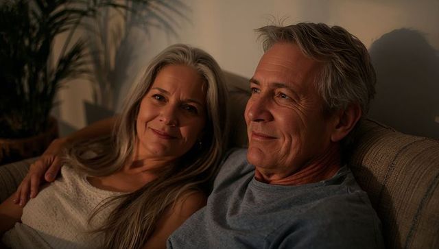 Mature couple relaxing on sofa at home in warm evening light sharing intimate moment