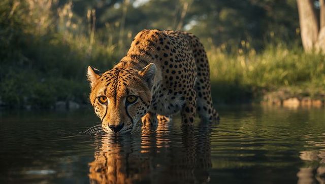 Cheetah Drinking Water at Savannah Pond, Capturing Calm and Adaptability