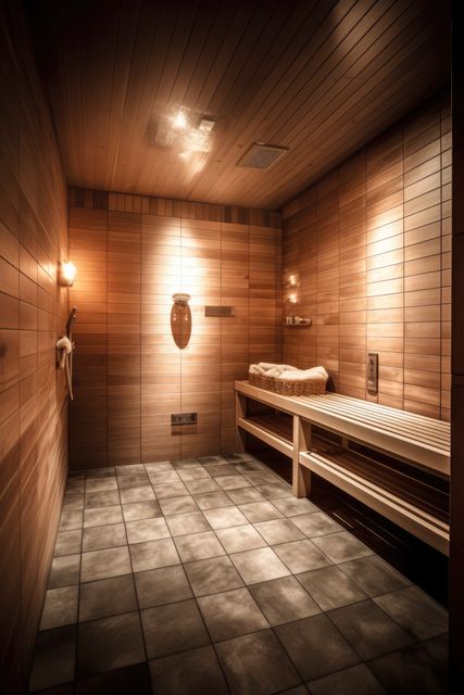 Interior of modern sauna with bench and accessories, created using generative ai technology. Sauna, relaxation and self care concept digitally generated image.