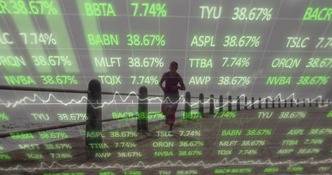 Woman Jogging on Promenade with Financial Data Overlay