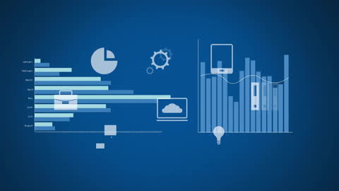 Digital Media Icons Over Blue Background with Business Charts