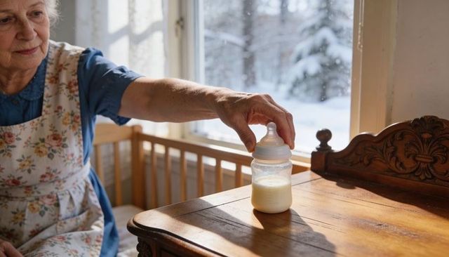 Senior woman reaching for baby bottle on wooden table by sunlit window with snowy view