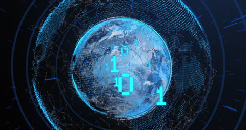 Digitized Earth with Binary Code and Global Network in Blue