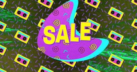 Retro neon sale banner with cassette tape pattern and 90s memphis design