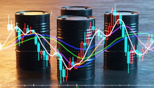 Oil barrels showing candlestick charts and trend lines depicting crude market volatility