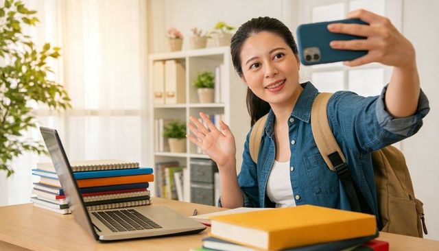 Smiling student waving during video call while studying at desk with laptop and notebooks