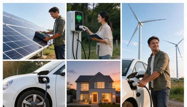 Sustainable energy lifestyle charging electric vehicle with solar panels and wind turbines