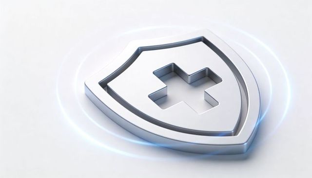 Chrome shield with recessed medical cross and cyan glow, healthcare security concept