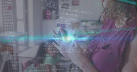 Senior Woman Engaged in Digital Interface Overlay with Binary Code