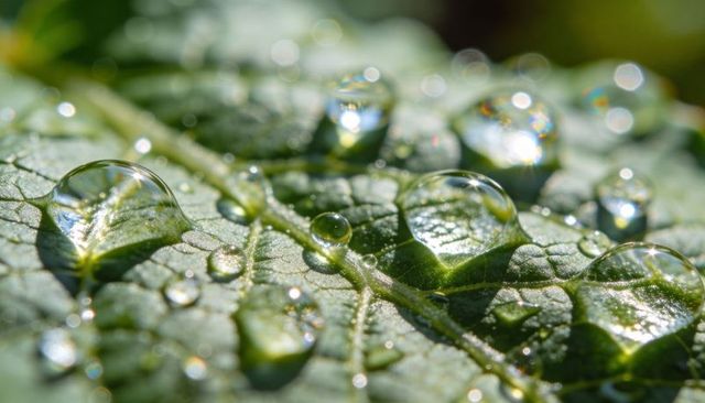 Dew droplets glinting on green leaf macro closeup, prismatic reflections over central vein