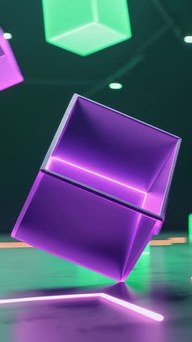 Vertical loop of purple cube tilting and balancing on neon floor with drifting green cubes