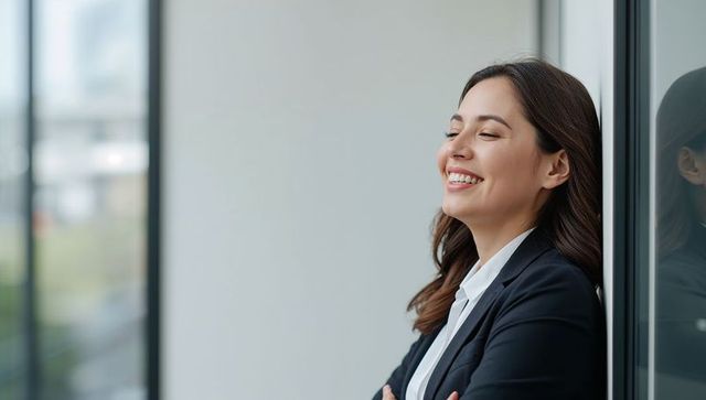 Confident businesswoman relaxing against office glass wall