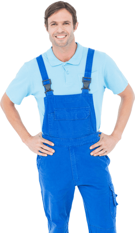 transparent smiling carpenter in blue overalls hands on hips - Download Free Stock Videos Pikwizard.com