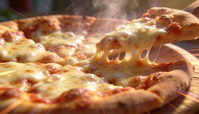 Stretching mozzarella pizza slice melting cheese over rustic crispy crust releasing steam