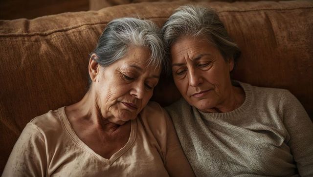 Two senior women leaning heads together sharing quiet companionship on couch for emotional support