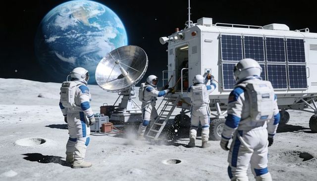 Astronauts Repairing Lunar Habitat Solar Array and Communication Dish with Earth Rising