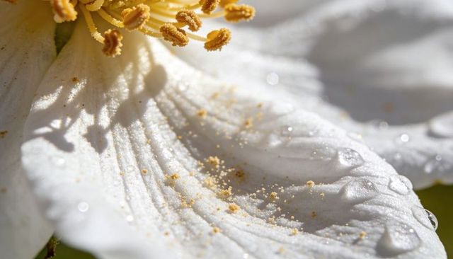 Revealing dewy white petal with golden pollen and stamens highlighting veins and texture