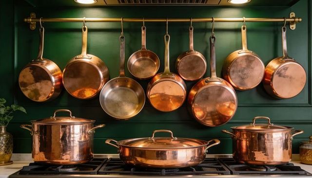 Polished copper pans and pots hanging over gas range on emerald green backsplash with warm lighting