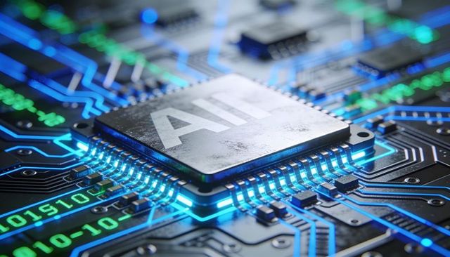 AI Processor Glowing on Neon Circuit Board Close-Up for Tech and Machine Learning Concepts