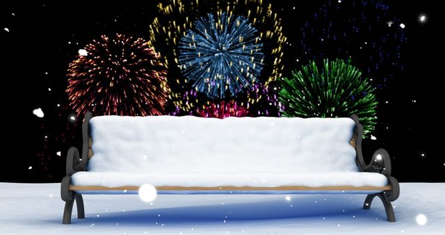 Fireworks Illuminate Snow-covered Bench on Festive Winter Night - Download Free Stock Images Pikwizard.com