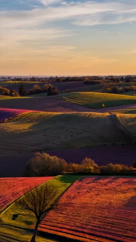 Lowering Drone Revealing Colorful Rolling Farmland at Sunset Focusing Solitary Tree Vertical Video