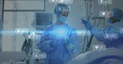 Nurse holding anesthesia mask with social media ui overlays in high-tech operating room