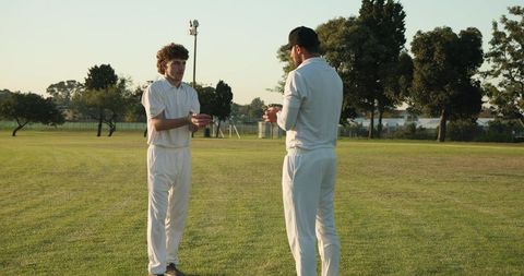 Diverse cricket teammates discussing strategy on field during golden hour