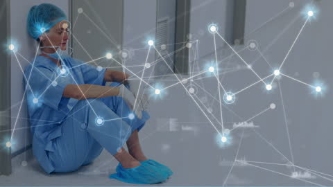 Stressed Healthcare Worker in Hospital Corridor Amidst Digital Connections