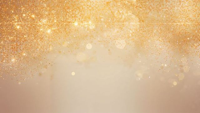 Golden filigree border showering glitter and bokeh on soft beige gradient backdrop for luxury design