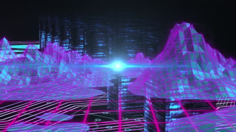 Futuristic Metaverse Grid with Neon Landscape and Light Portal