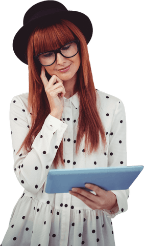 Transparent hipster woman smiling with tablet