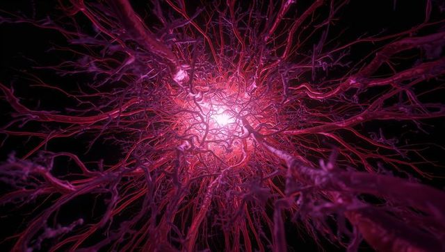 Radiating magenta neural network glowing core with intricate vascular filaments microscopic 3d rende