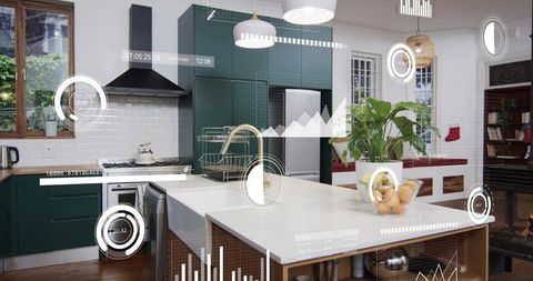 Smart kitchen with white quartz island, brass faucet and augmented reality data overlays