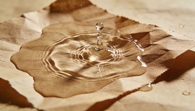 Water droplet forming ripples on crumpled brown paper with warm texture and reflections