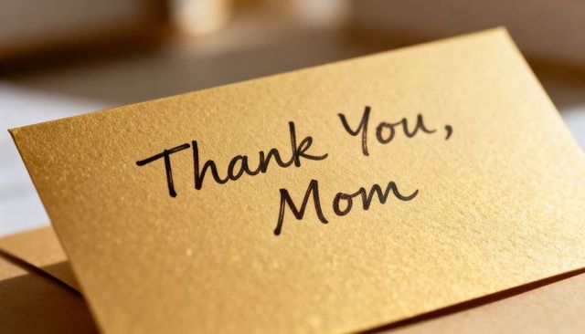 Gold Thank You Mom Card on Tabletop with Matching Envelope, Metallic Textured Stationery