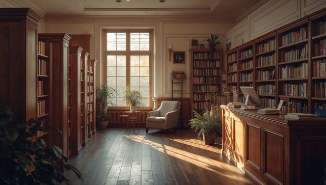 Soaking Sunlight on Cream Armchair in Heritage Library with Oak Bookshelves and Wooden Desk