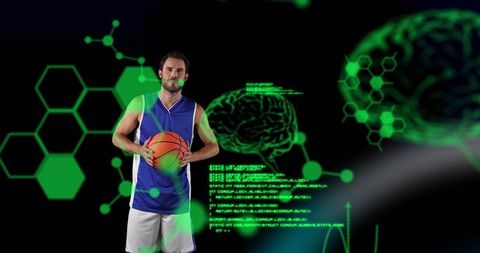 Athlete Holding Basketball with Futuristic Digital Brain Graphics