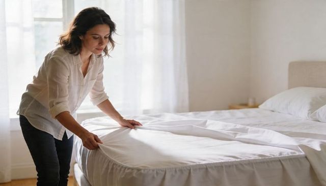 Woman making bed tucking fitted sheet in minimalist sunlit bedroom morning routine