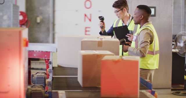 Warehouse workers are scanning packages using barcode readers and noting inventory. They are ensuring accurate tracking of shipments, packages, and parcels. This type of image can be utilized for illustrating themes related to logistics, shipping industry, supply chain management, and technological advancement in operation settings.