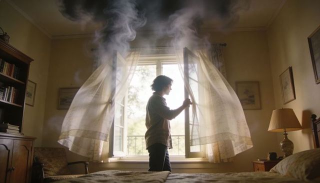 Man opening casement window with billowing sheers and warm morning mist in bedroom
